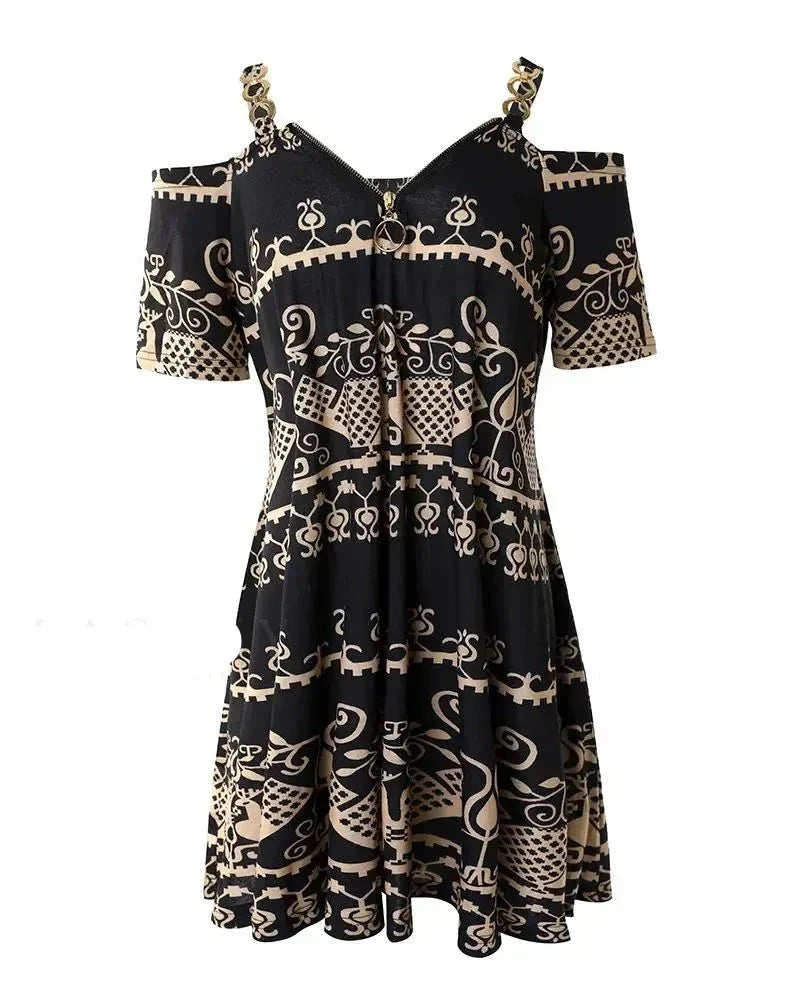 Alvera - Maliënkolder strapless jurk met tribale print