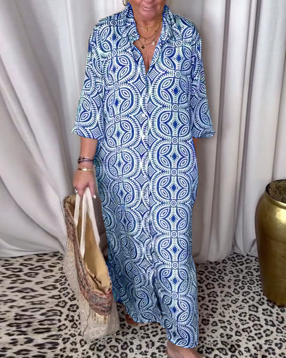 Arabella - Lange bedrukte vintage jurk met klepzak