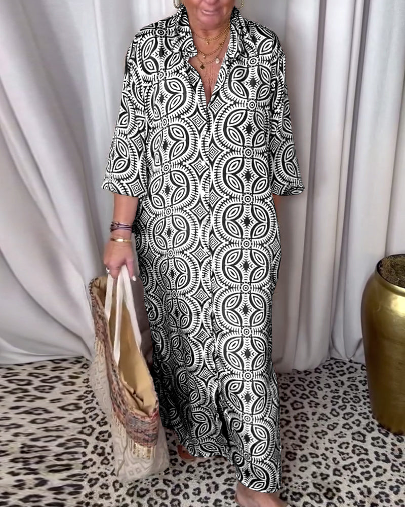 Arabella - Lange bedrukte vintage jurk met klepzak