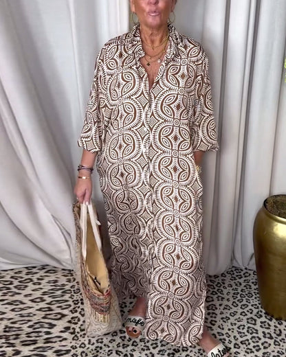 Arabella - Lange bedrukte vintage jurk met klepzak