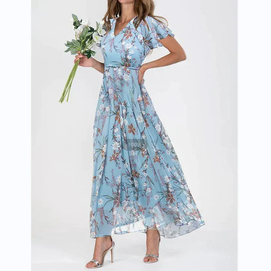 Arisa - Gebloemde maxi jurk met korte mouw