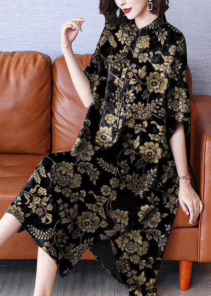 Armine - Vintage maxi jurk met opstaande kraag, print en open zijkanten