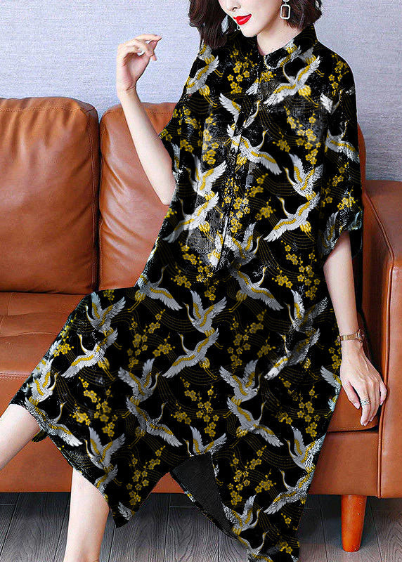 Armine - Vintage maxi jurk met opstaande kraag, print en open zijkanten