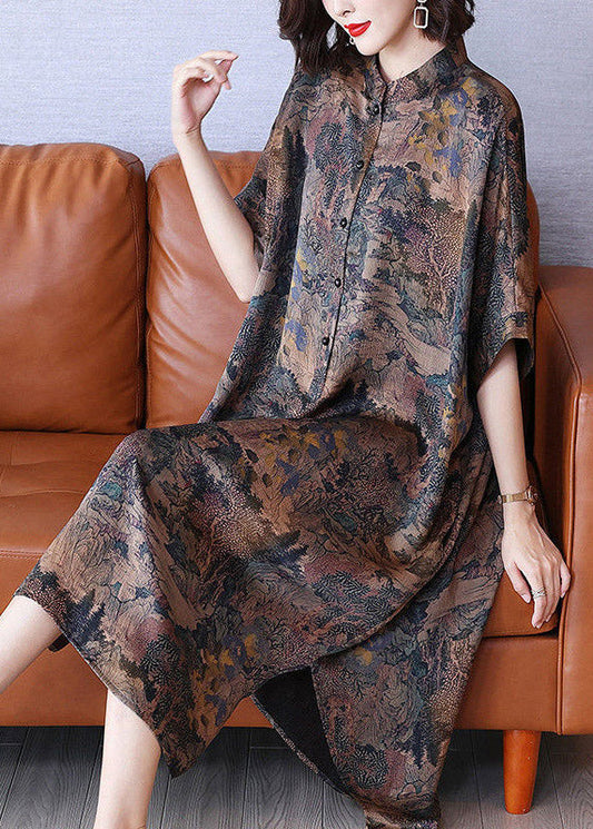 Armine - Vintage maxi jurk met opstaande kraag, print en open zijkanten