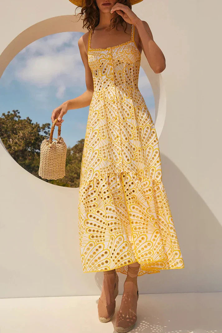 Arya - Zoete elegante effen uitlopende patchwork sling-jurk met vierkante hals