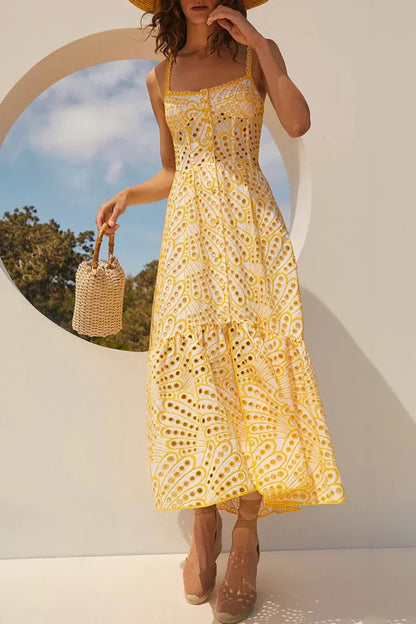 Arya - Zoete elegante effen uitlopende patchwork sling-jurk met vierkante hals