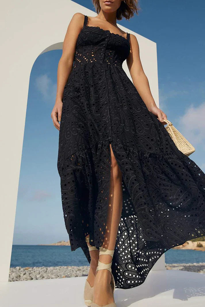 Arya - Zoete elegante effen uitlopende patchwork sling-jurk met vierkante hals