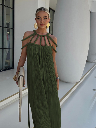 Avery - Sophisticated moderne linnen maxi-jurk met gedrapeerde vlechten