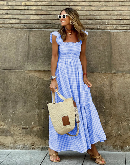 Azalea - Maxi-jurk met ruches, mouwen met ruches en geruite ruches