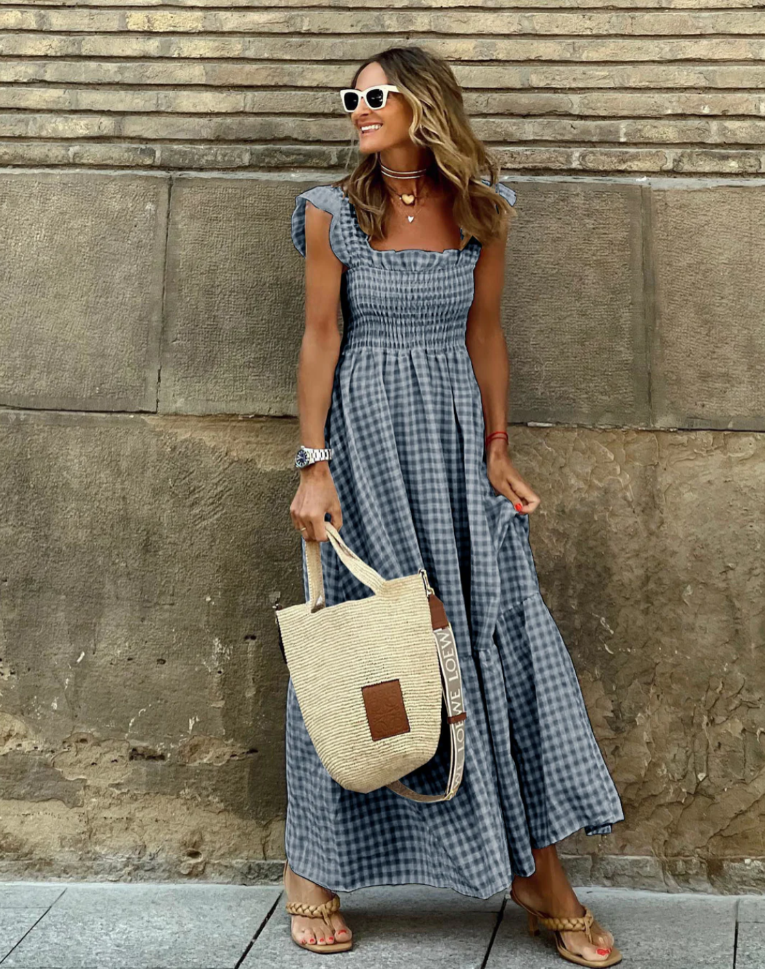 Azalea - Maxi-jurk met ruches, mouwen met ruches en geruite ruches