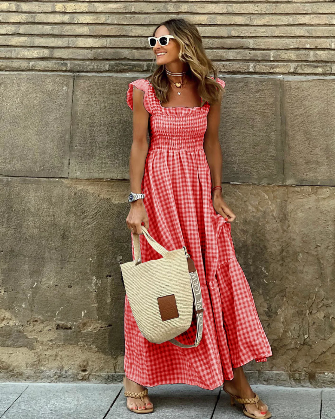 Azalea - Maxi-jurk met ruches, mouwen met ruches en geruite ruches