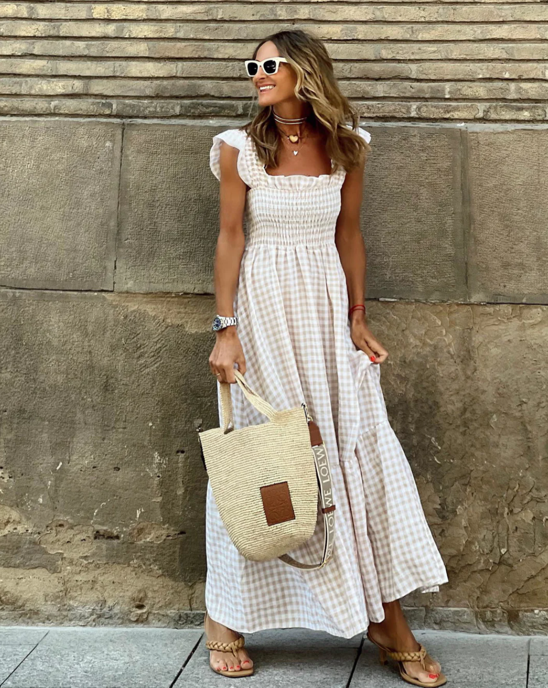 Azalea - Maxi-jurk met ruches, mouwen met ruches en geruite ruches