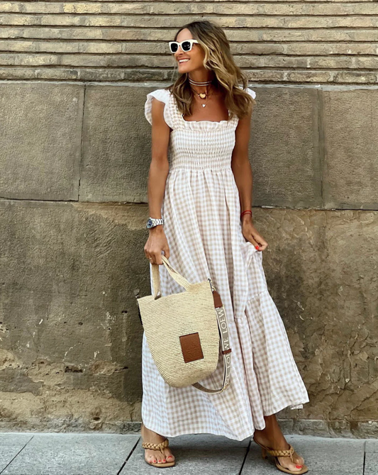 Azalea - Maxi-jurk met ruches, mouwen met ruches en geruite ruches