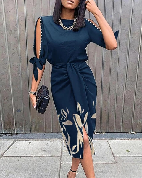 Belinda- Geknoopte jurk met parels en botanische print