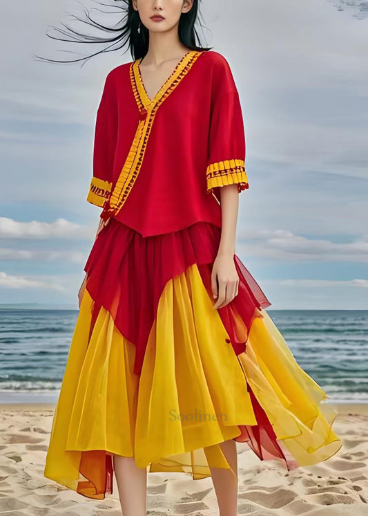 Billena - Asymmetrische patchwork chiffon boho jurk met V-halslijn