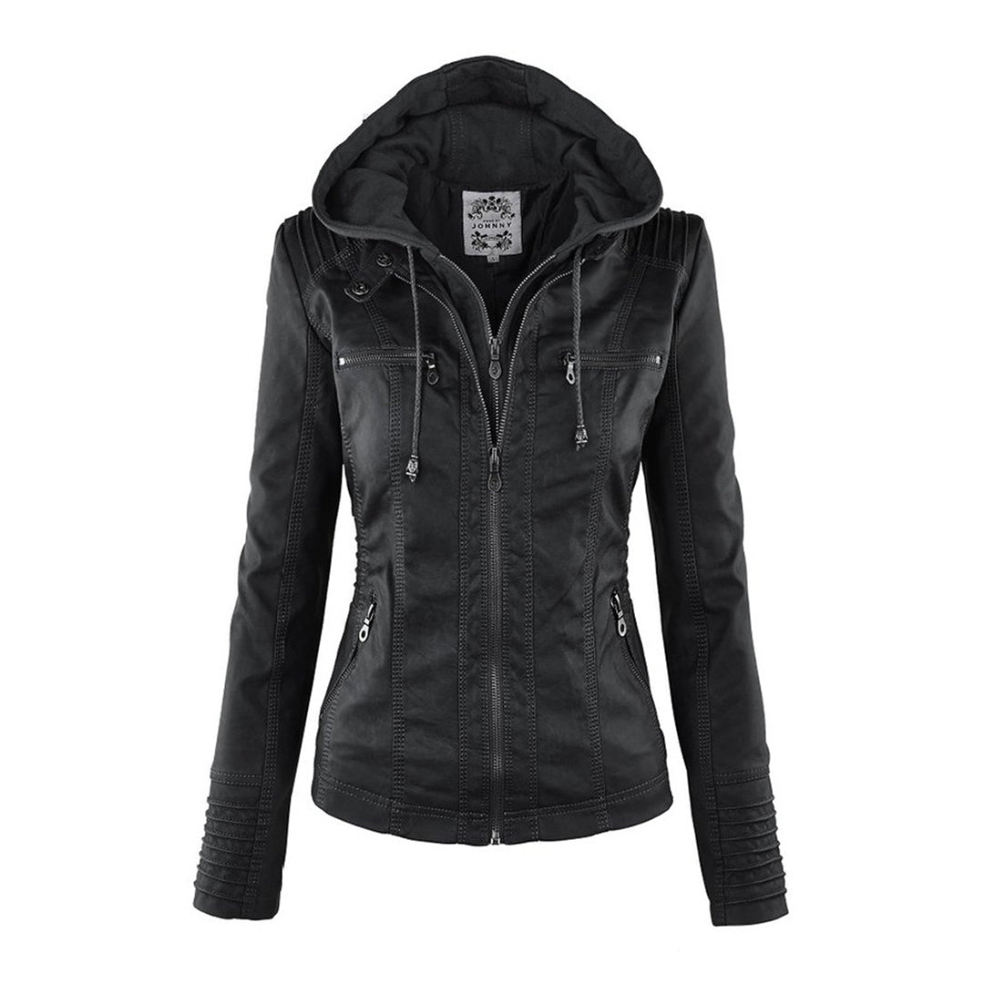 Dubbel gevoerd dames leren jack met capuchon