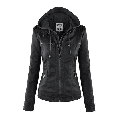 Dubbel gevoerd dames leren jack met capuchon