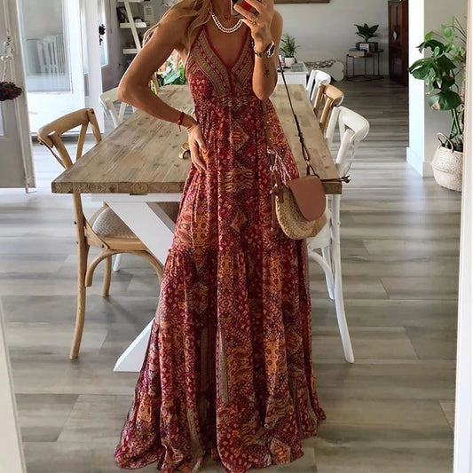 Blanca - Rode bohemian-chique maxi-jurk met dunne bandjes en print