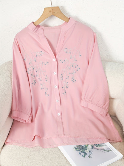 Bloemmotief Blouse - Knop Voorontwerp & Staande Kraag