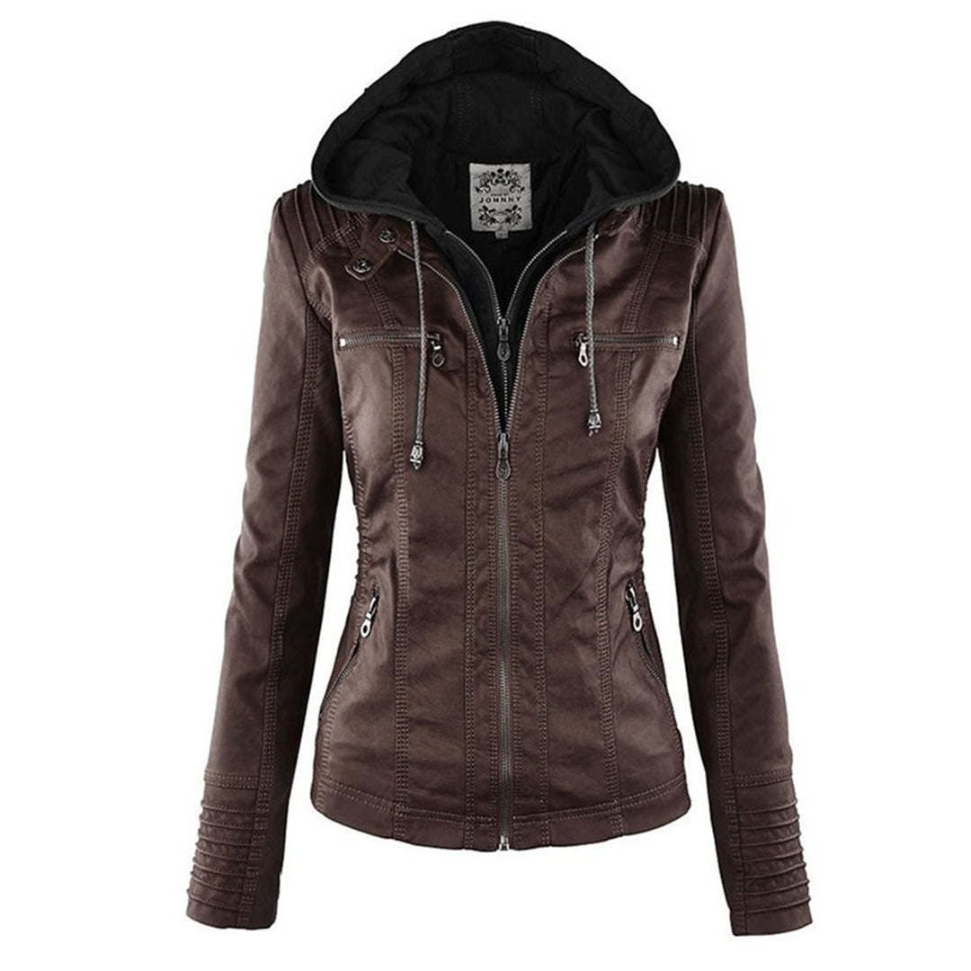 Dubbel gevoerd dames leren jack met capuchon