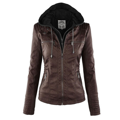 Dubbel gevoerd dames leren jack met capuchon