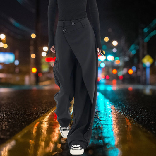 Sam - Asymmetrische wijd uitgesneden pantalonjurk met opgestikte knopen