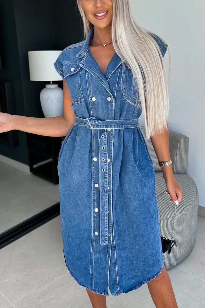 Denim jurk met spaghettibandjes en korte mouwen