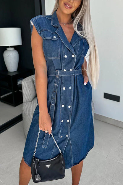 Denim jurk met spaghettibandjes en korte mouwen