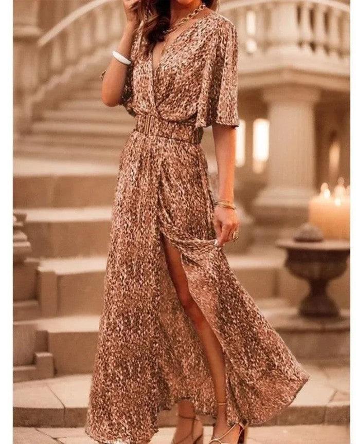 Carrie - Elegante maxi-jurk met V-hals, korte mouwen en prachtige bloemenprint