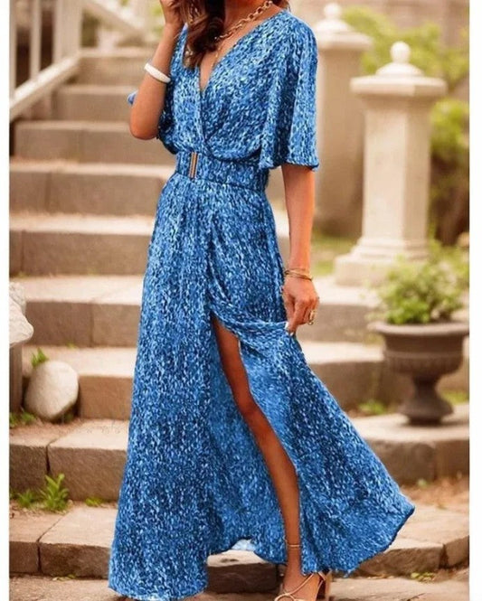 Carrie - Elegante maxi-jurk met V-hals, korte mouwen en prachtige bloemenprint