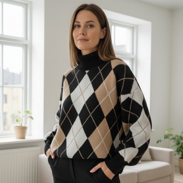 Catherine | Elegante damespullover met geometrisch motief en hoge kraag