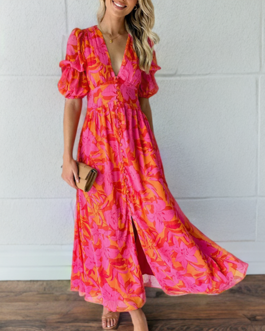 Colleen - Elegante jurk met bouffraanmouwen en diepe V-print