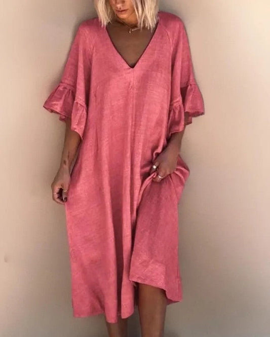 Dakota - Elegante, losjes genaaide jurk met V-hals in een effen kleur