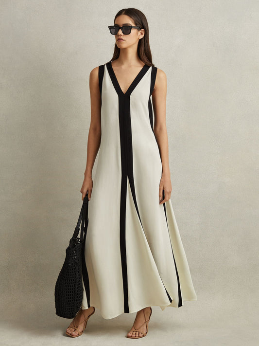 Darla - A-lijn lange jurk met colourblocking, omkeerbare stijl, elegant, met pianotoetsen