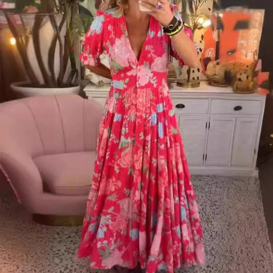 Delvina - Comfortabele lange jurk met V-hals en zakje