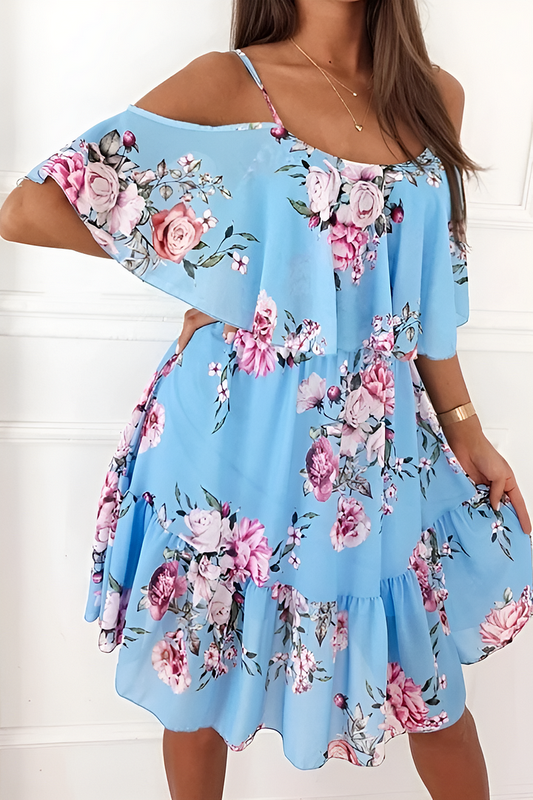 Dimity - Strapless chiffon jurk met off-the-shoulder print