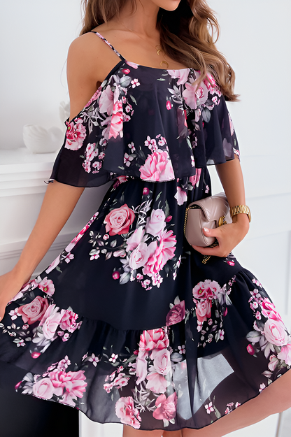 Dimity - Strapless chiffon jurk met off-the-shoulder print