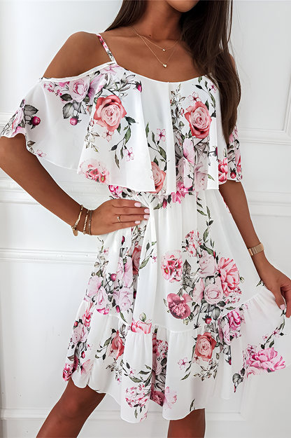 Dimity - Strapless chiffon jurk met off-the-shoulder print