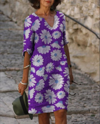Dolores - Vintage midi-jurk met V-hals en halve mouwen