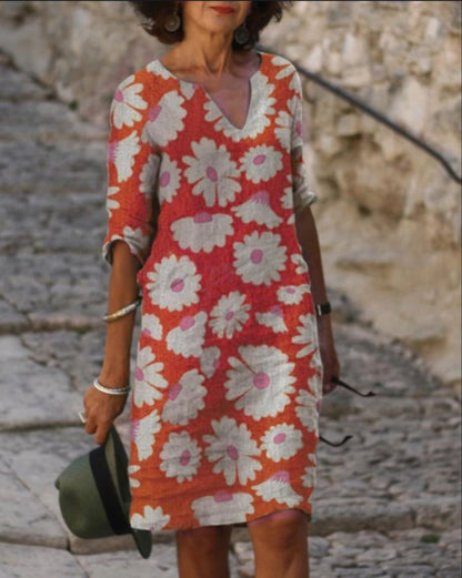Dolores - Vintage midi-jurk met V-hals en halve mouwen