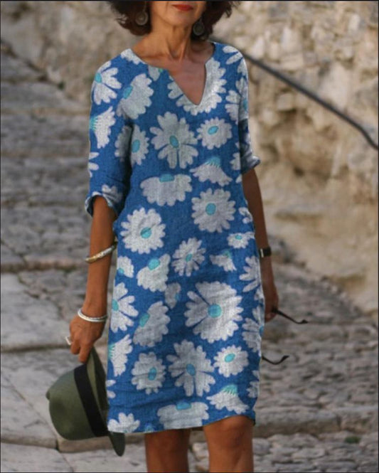 Dolores - Vintage midi-jurk met V-hals en halve mouwen