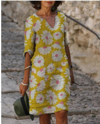 Dolores - Vintage midi-jurk met V-hals en halve mouwen