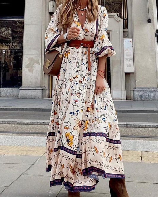 Elizeane - Elegante maxi-jurk in boho-stijl met bloemenprint en puntige halslijn