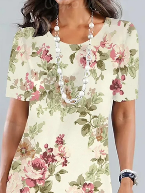 Ensley - Elegante losse gebloemde midi-jurk voor tuinfeestjes met ronde halslijn
