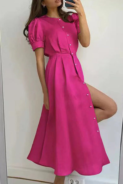 Eudora - Elegante O-hals a Line jurk met korte mouwen en gespsluiting