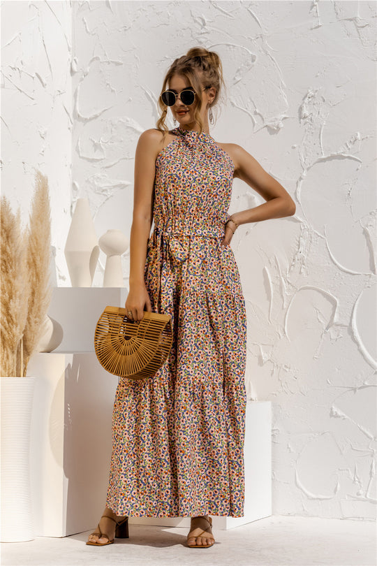 Evonne - Maxi-jurk met bindceintuur en kleurrijke stippenprint