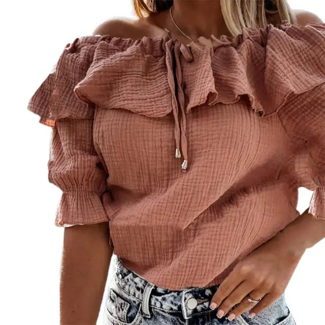 IANNA | Off-shoulder damesblouse met ruches en strikkoord