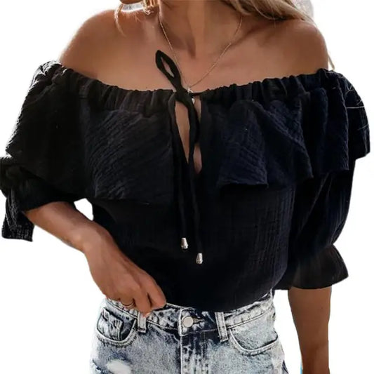 IANNA | Off-shoulder damesblouse met ruches en strikkoord