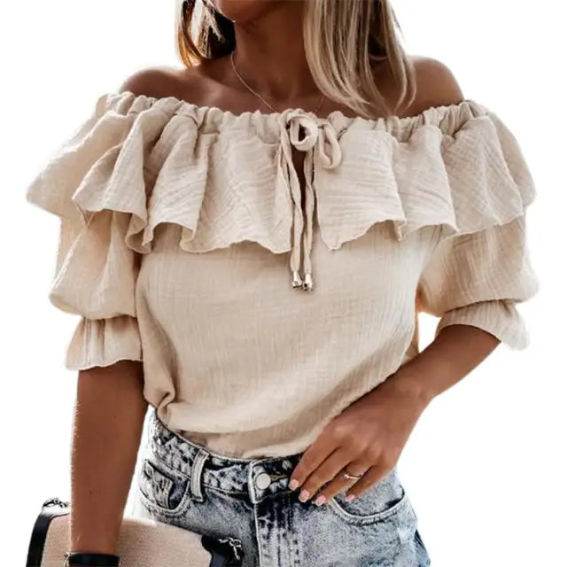 IANNA | Off-shoulder damesblouse met ruches en strikkoord