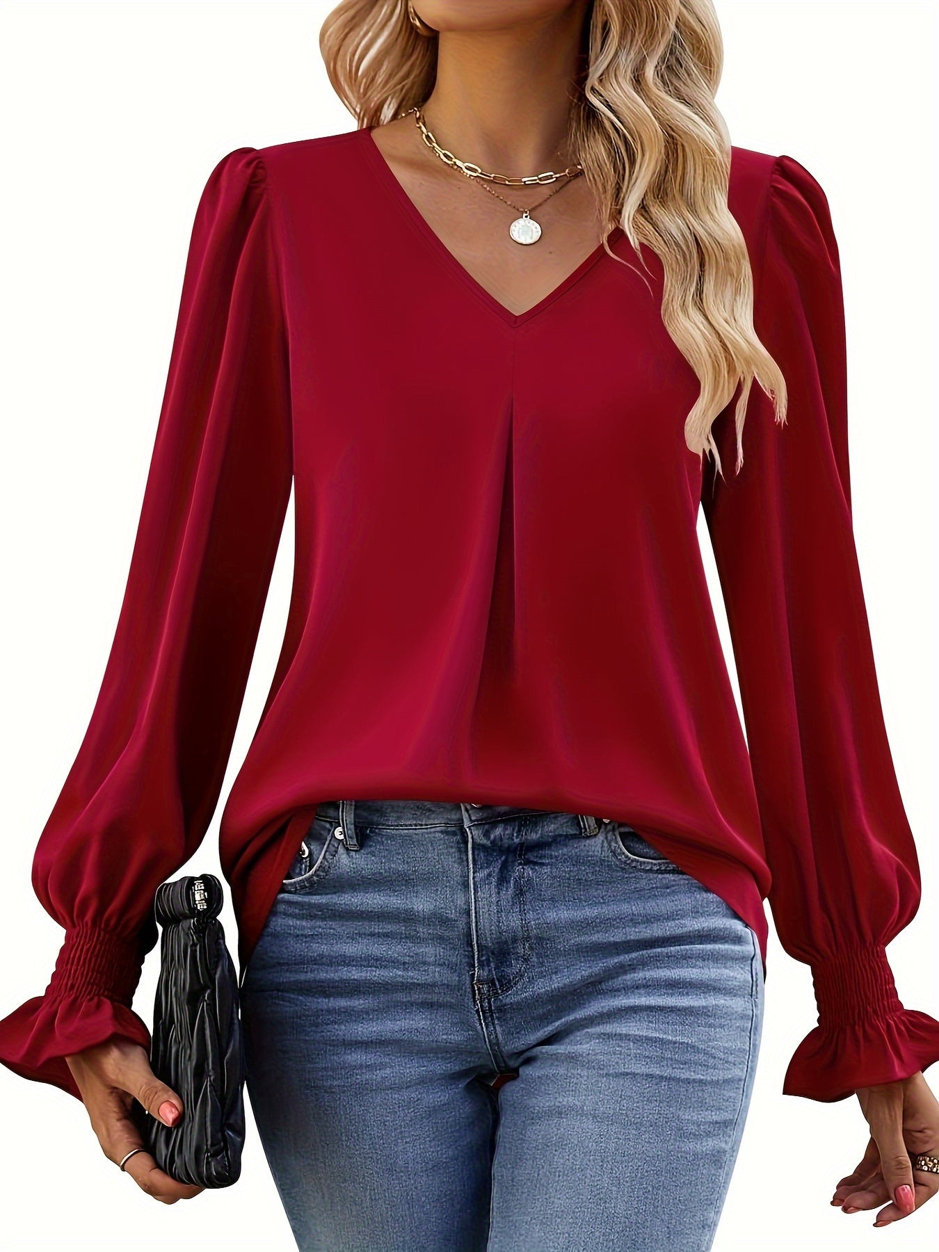 Fuchsia V-Hals Chiffon Blouse - Lange Mouwen & Lichtgewicht Ontwerp